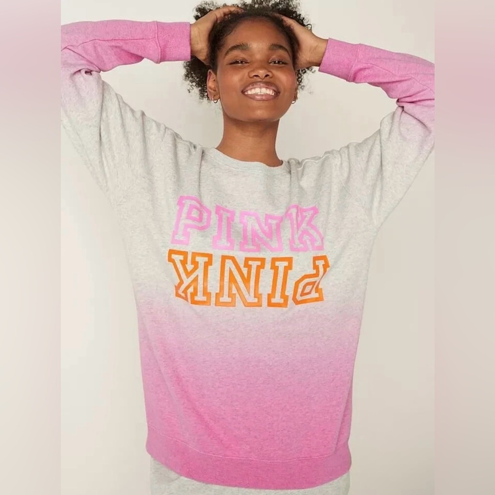 Victoria's Secret PINK Campus Crewneck Ombre Gray & Pink/Orange Logo Size Large